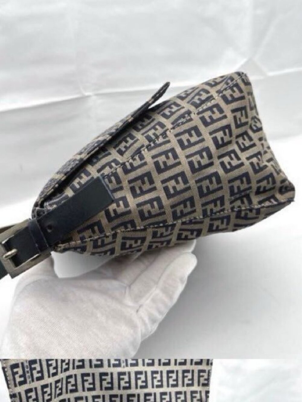 Fendi Mamma Zucca Bucket Baguette Navy Tan Flap Bag Purse Tote FF - Picture 8 of 16